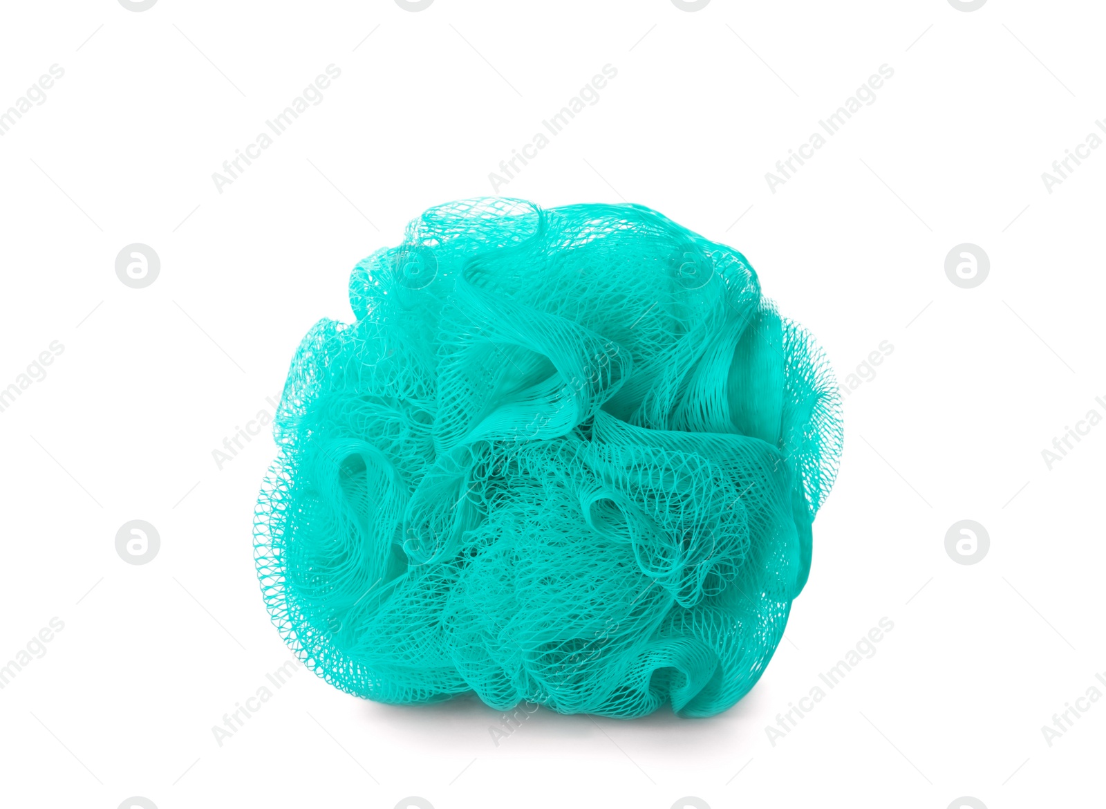 Photo of New turquoise shower puff isolated on white