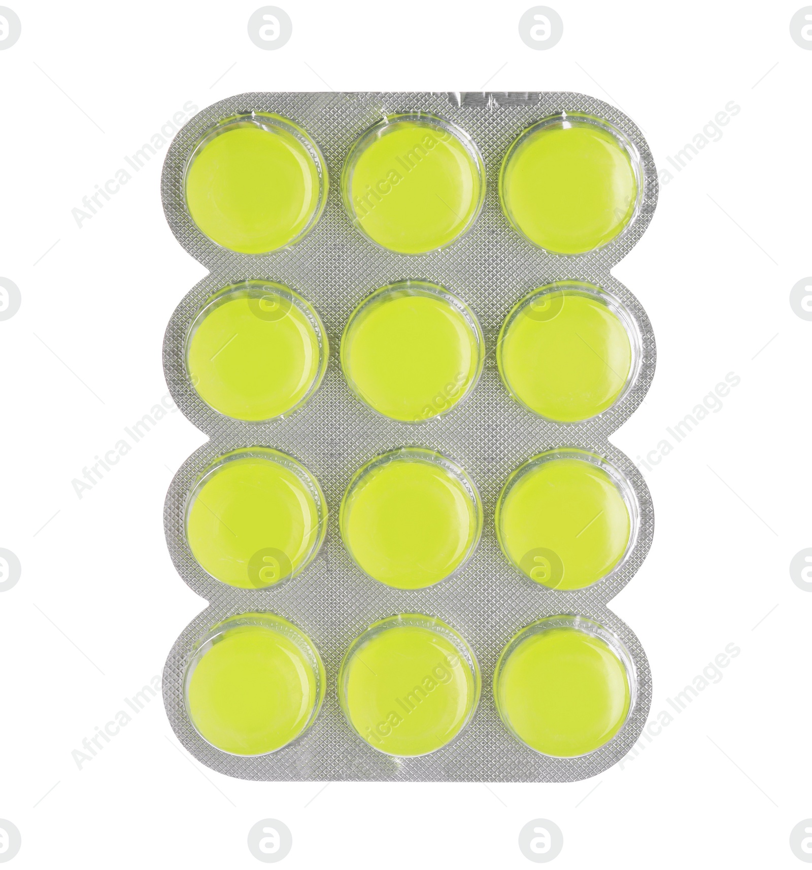 Photo of Blister with yellow cough drops isolated on white