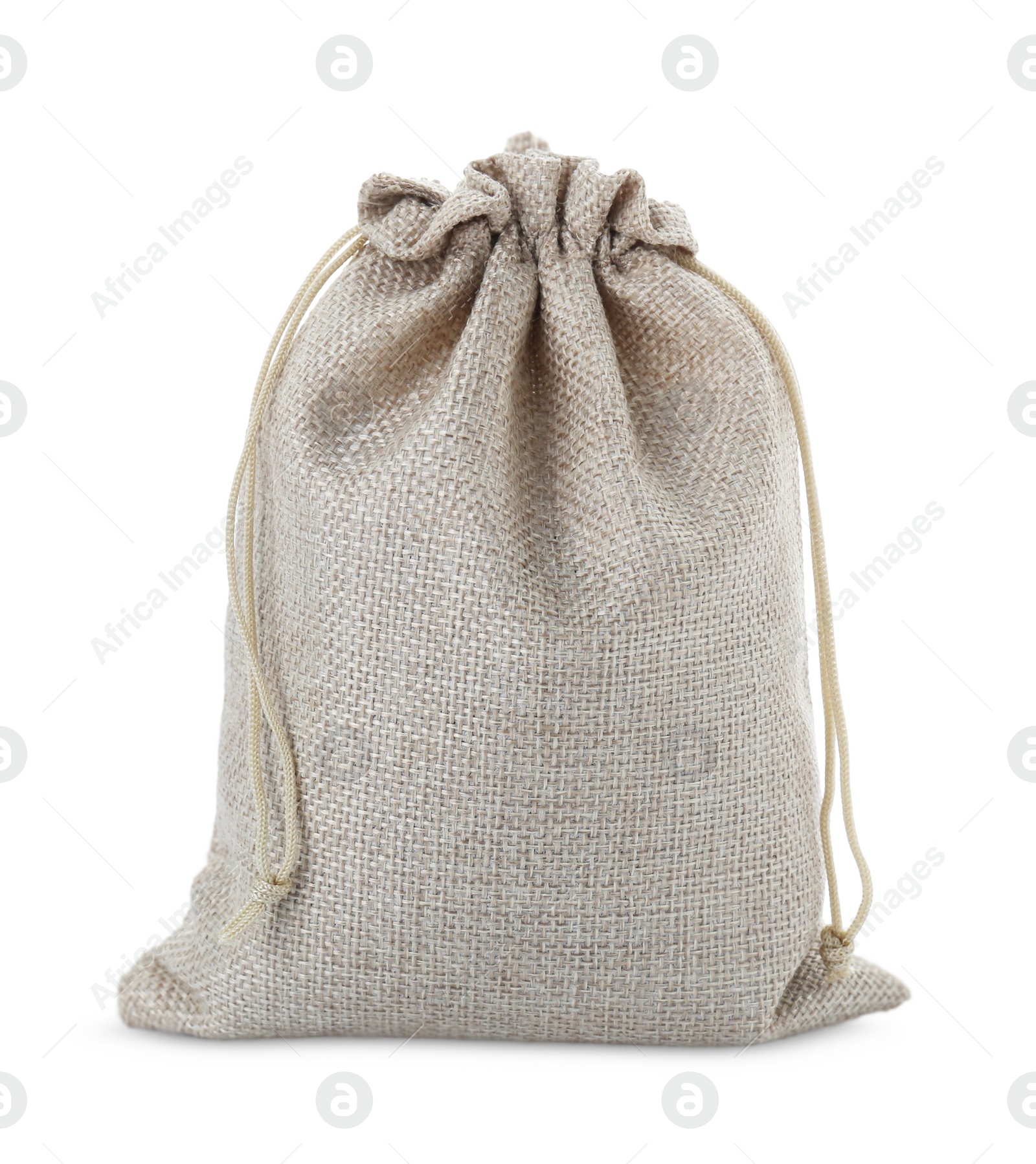 Photo of One tied burlap bag isolated on white