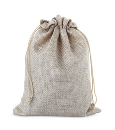 Photo of One tied burlap bag isolated on white