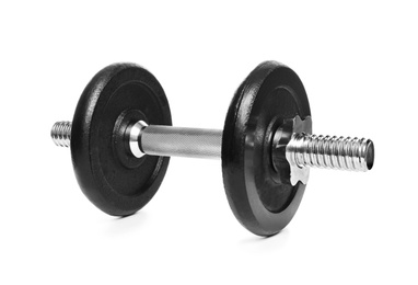 Photo of Professional dumbbell on white background. Sporting equipment