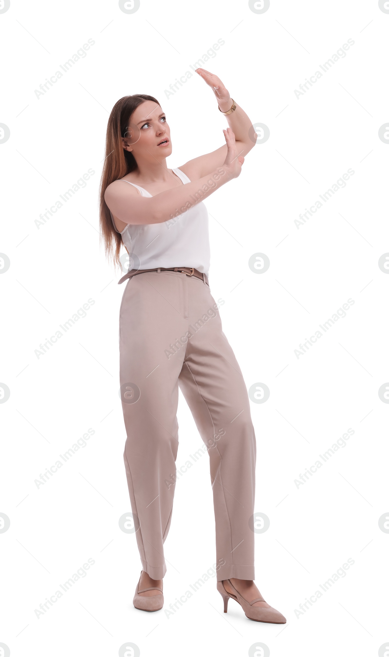 Photo of Beautiful adult businesswoman posing on white background
