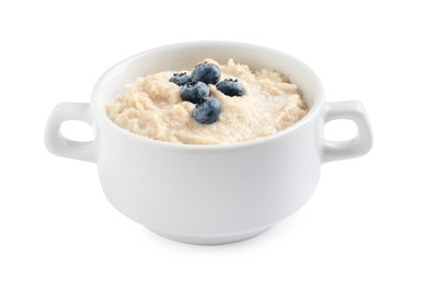 Photo of Tasty oatmeal porridge with blueberries in bowl on white background