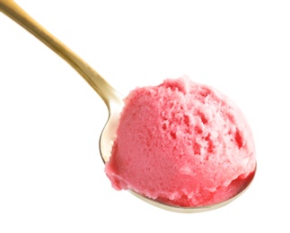 Spoon with scoop of delicious strawberry ice cream on white background