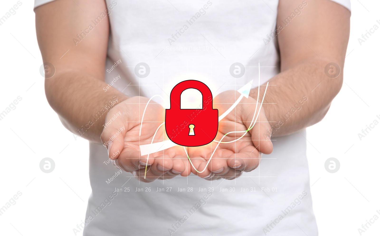 Image of Cyber crime protection. Man demonstrating digital lock symbol, closeup