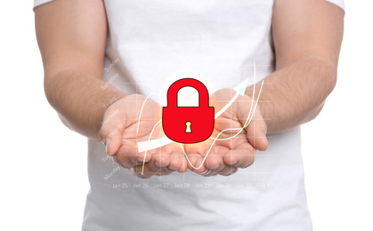 Image of Cyber crime protection. Man demonstrating digital lock symbol, closeup