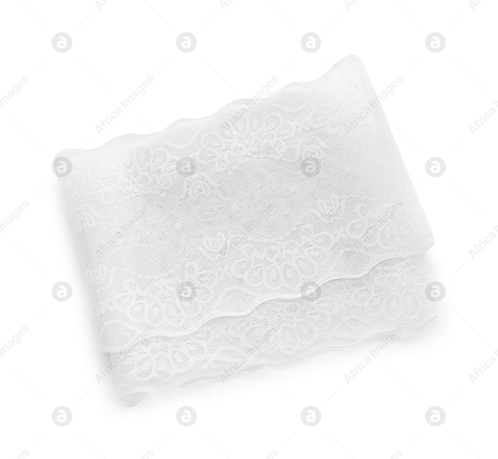 Photo of Beautiful lace isolated on white, top view