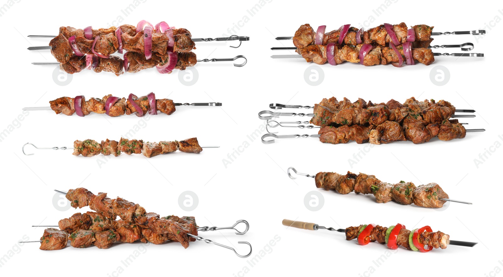 Image of Metal skewers with delicious meat on white background, collage