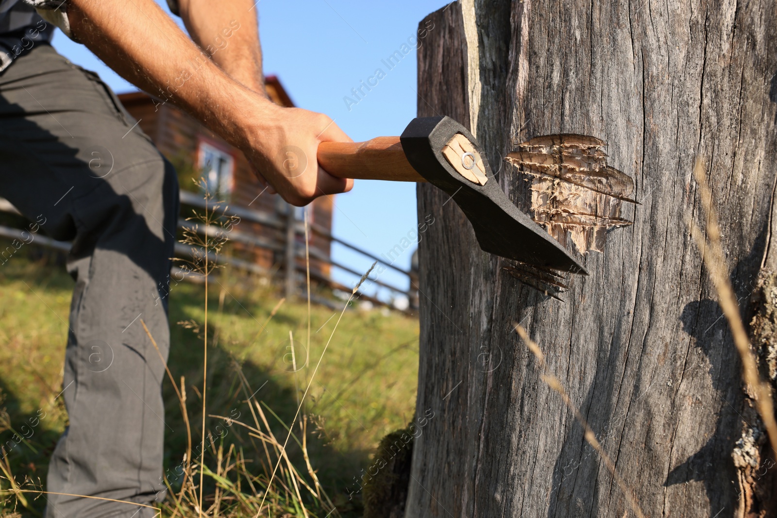 Photo of Man with axe cutting wood outdoors, closeup