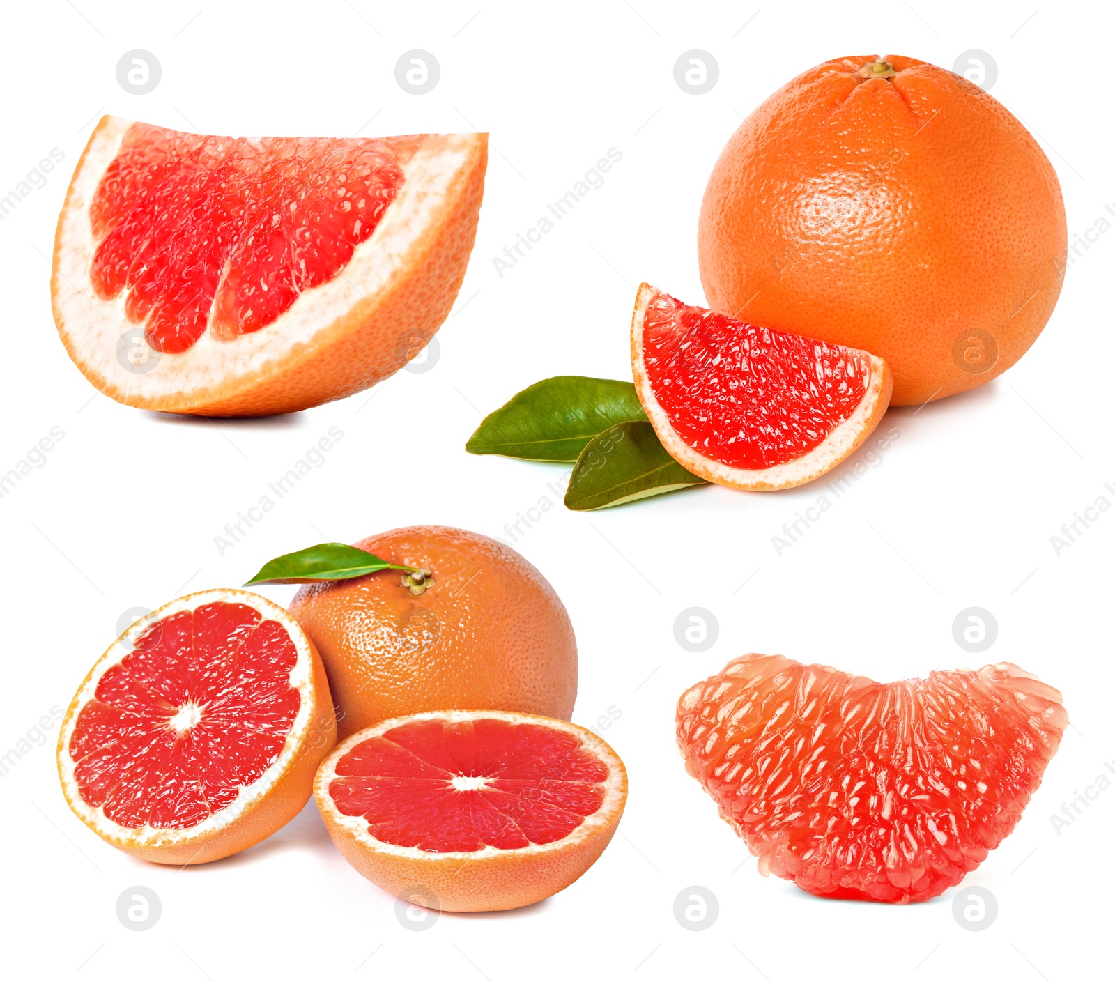 Image of Set with whole and cut ripe juicy grapefruits on white background