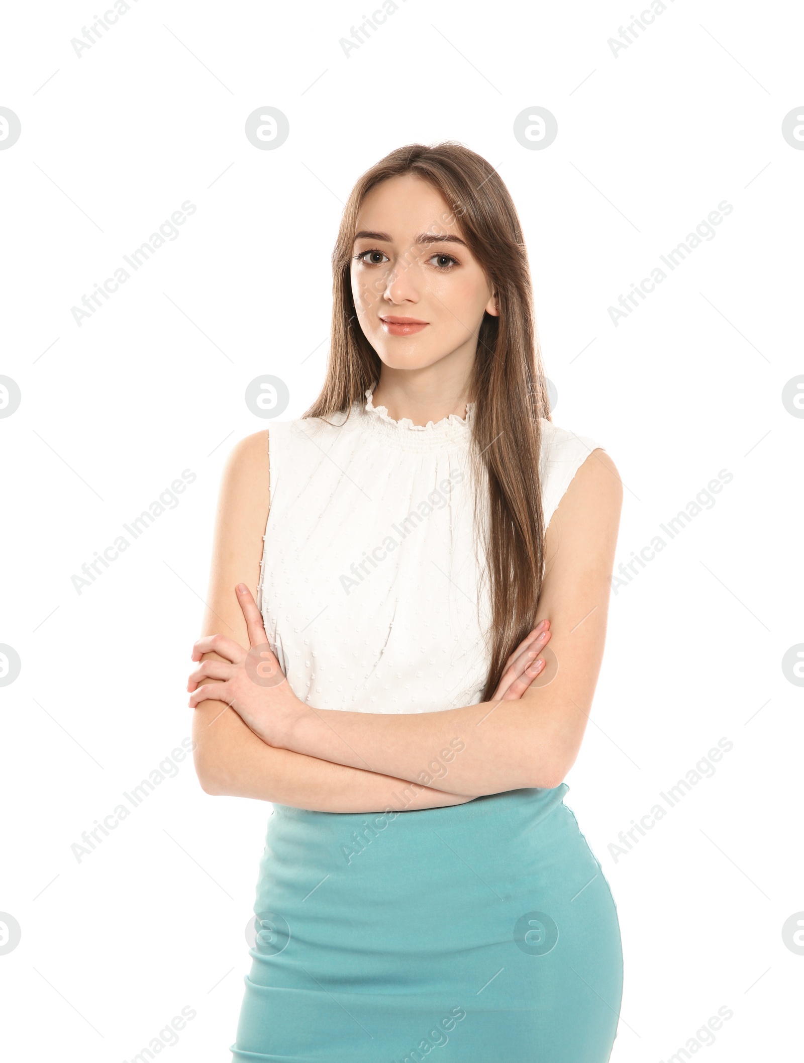 Photo of Portrait of beautiful young woman on white background