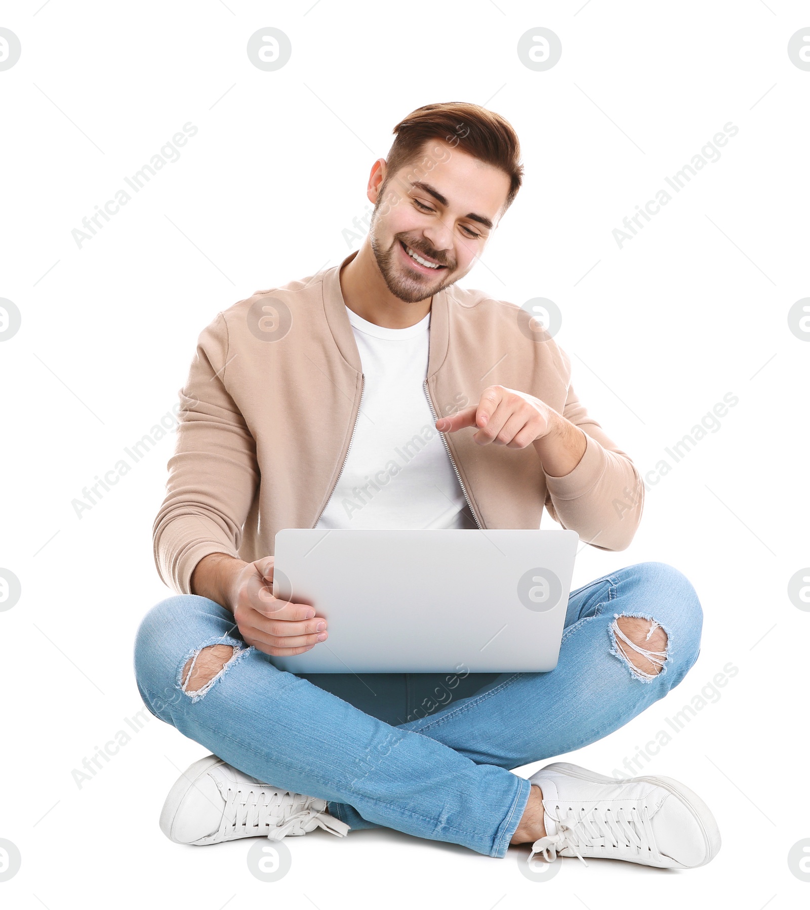 Photo of Man using laptop for video chat isolated on white