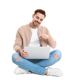 Photo of Man using laptop for video chat isolated on white