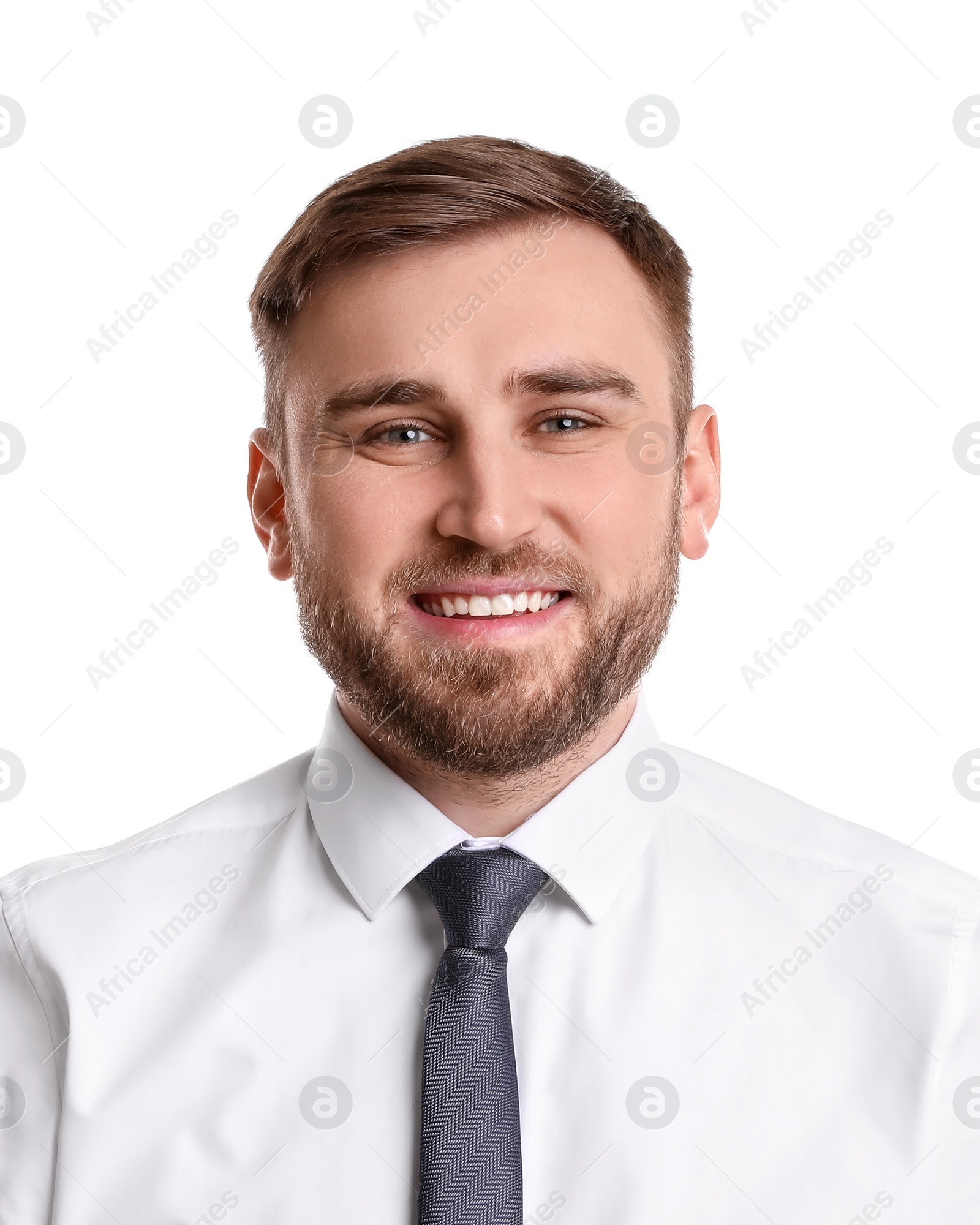 Image of Passport photo. Portrait of young man on white background