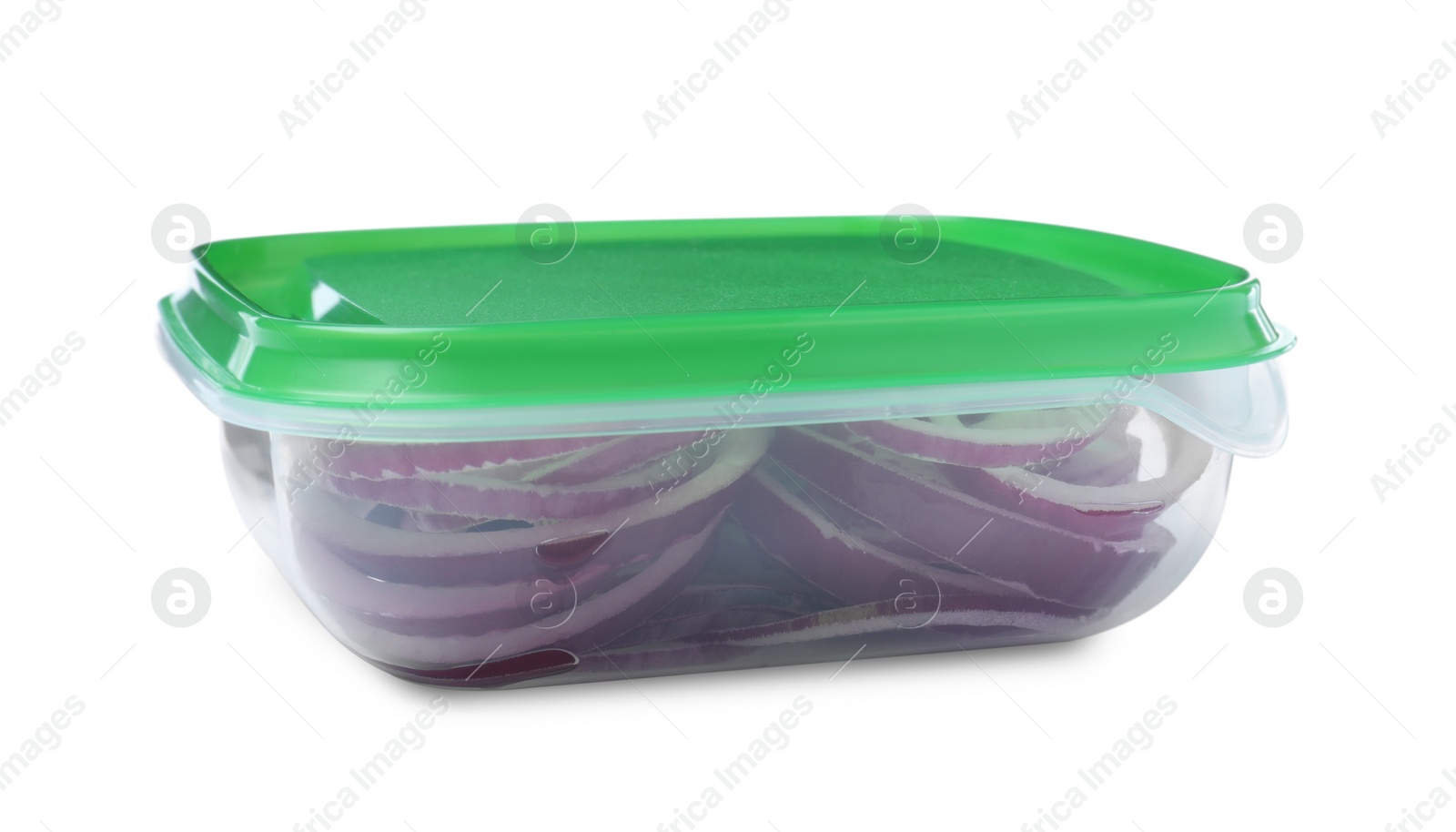 Photo of Fresh onion rings in plastic container isolated on white