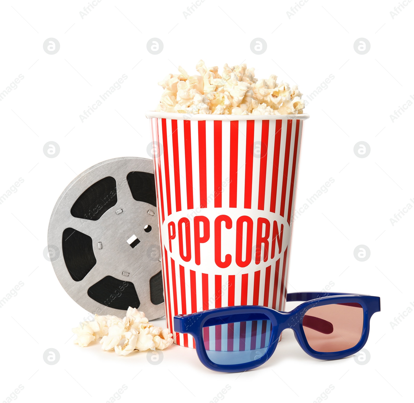 Photo of Popcorn, reel and glasses isolated on white. Cinema snack