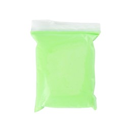 Photo of Package of green play dough on white background, top view