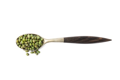 Spoon with green mung beans isolated on white, top view. Organic grains