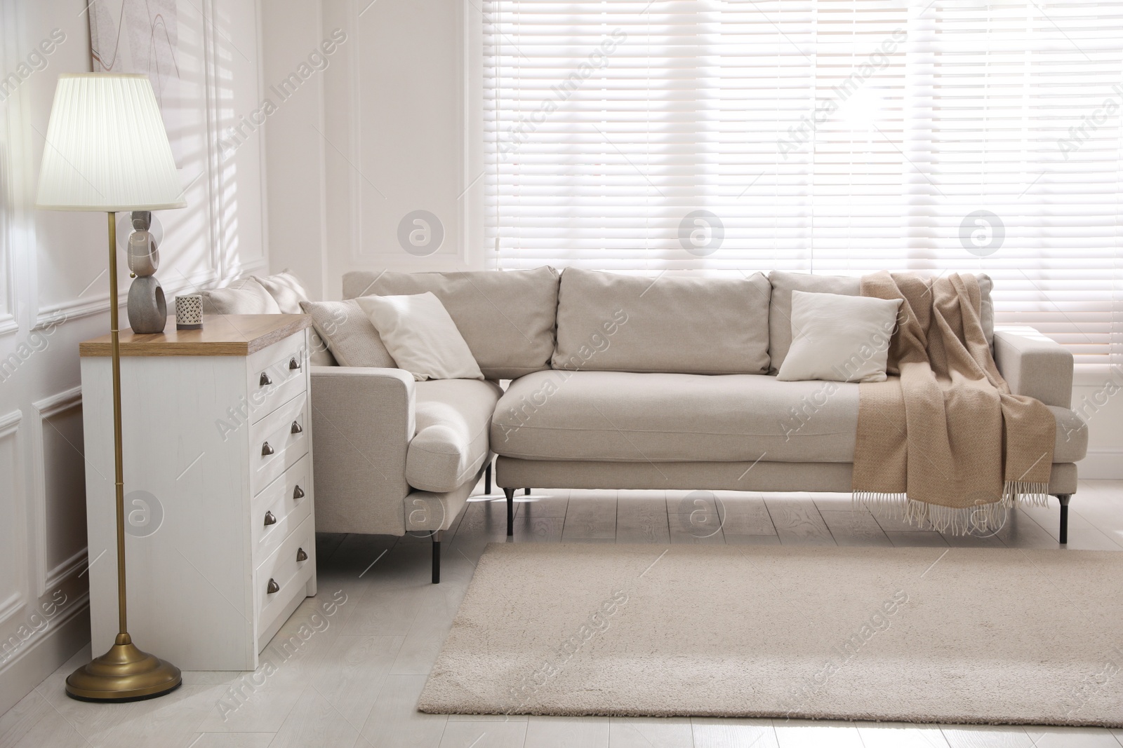 Photo of Stylish soft carpet on floor in living room