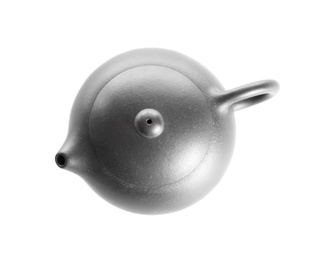 Teapot of freshly brewed oolong on white background, top view