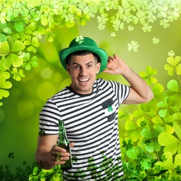Image of Happy man in St. Patrick's Day outfit with beer on green background