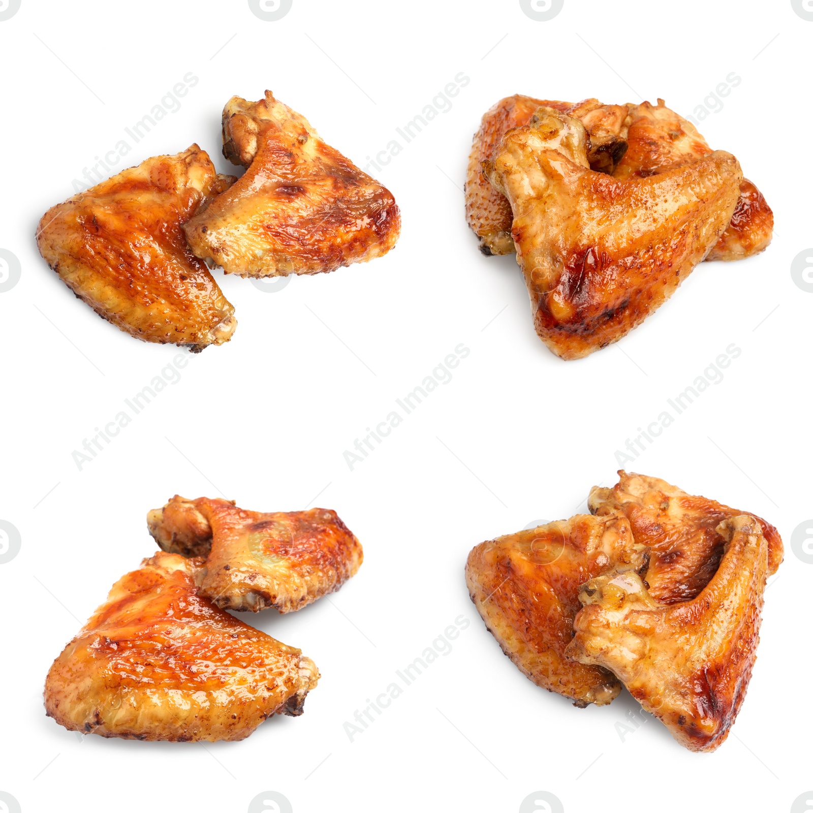 Image of Set with tasty roasted chicken wings on white background