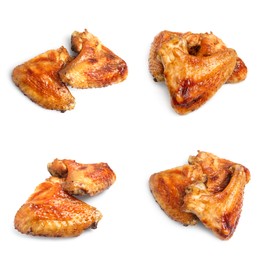 Set with tasty roasted chicken wings on white background