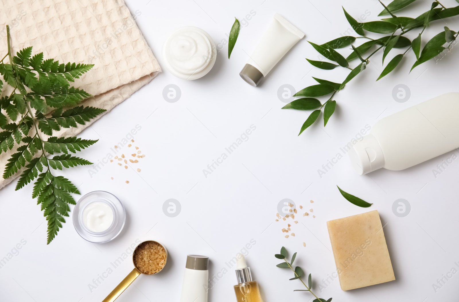 Photo of Flat lay composition with different body care products and space for text on white background