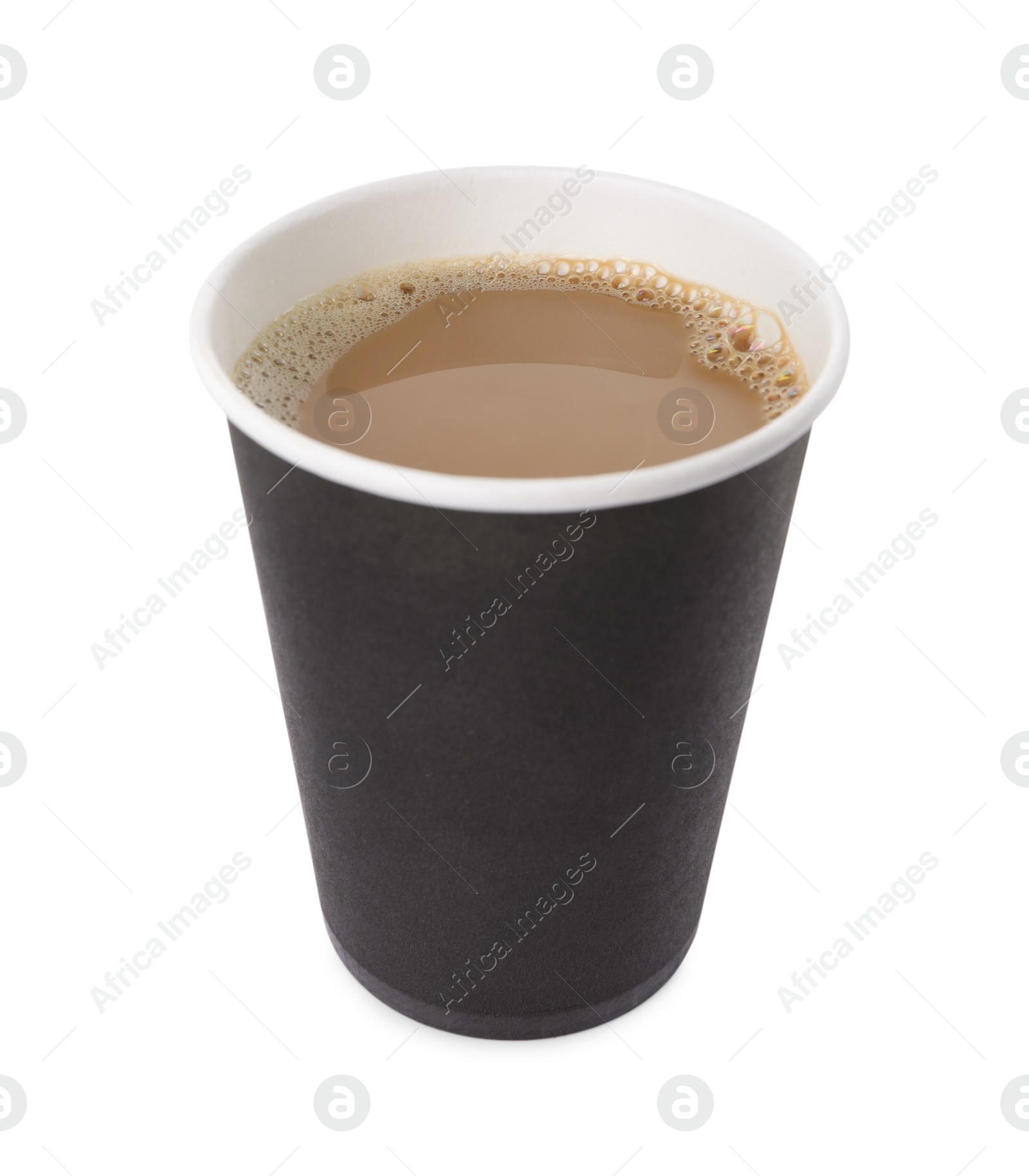 Photo of Black paper cup with hot drink isolated on white. Coffee to go