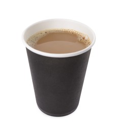 Photo of Black paper cup with hot drink isolated on white. Coffee to go