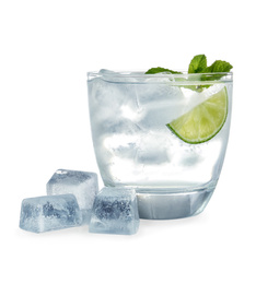 Photo of Glass of refreshing drink with ice cubes on white background