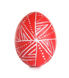 Photo of Creative painted red Easter egg on white background