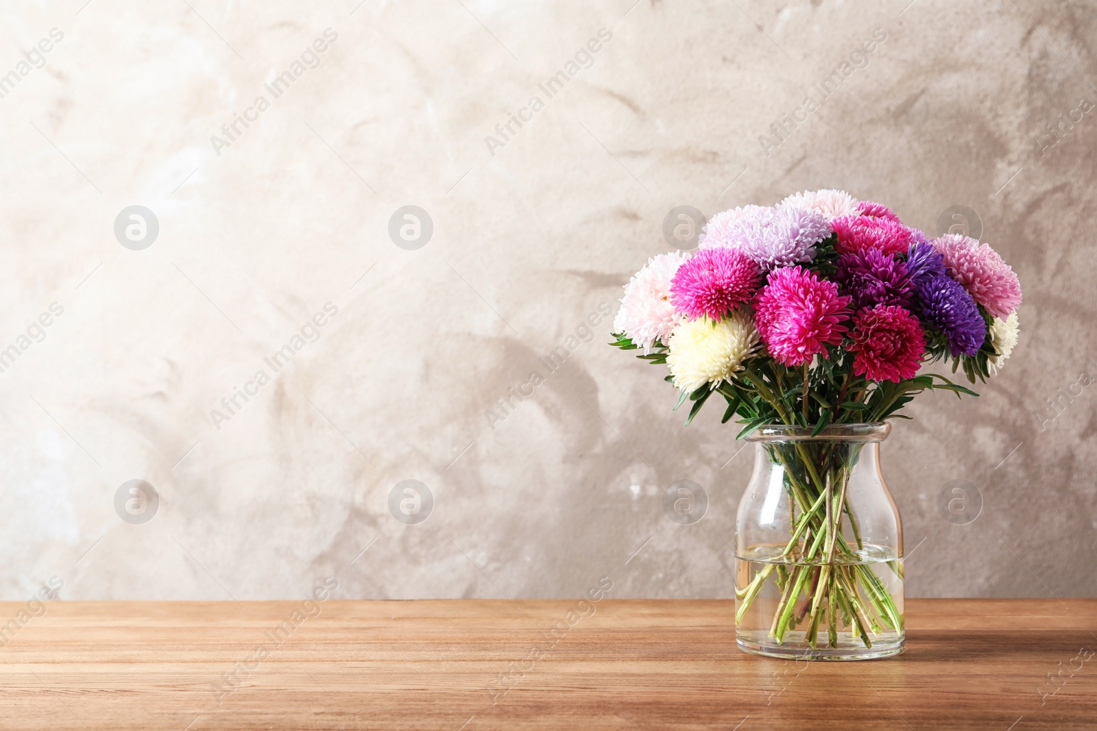 Photo of Vase with beautiful aster flower bouquet on table against color background. Space for text