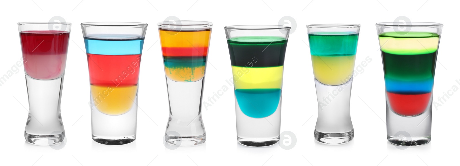 Image of Different shooters in shot glasses isolated on white, set