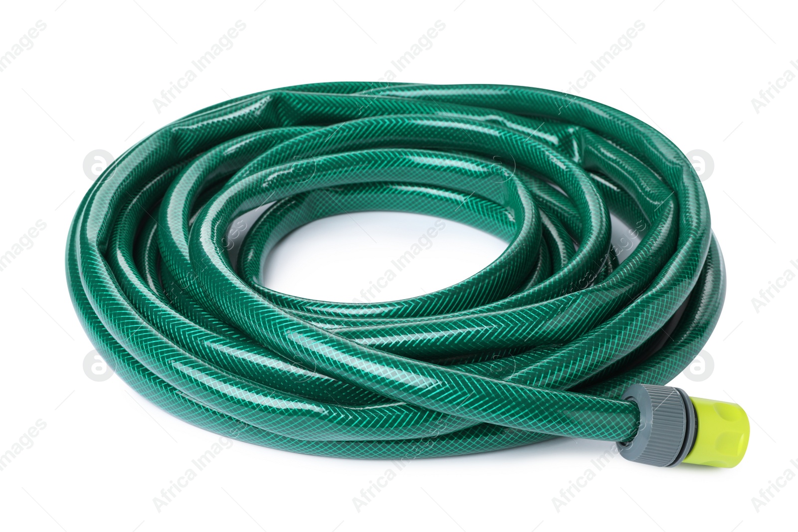 Photo of Green rubber watering hose isolated on white