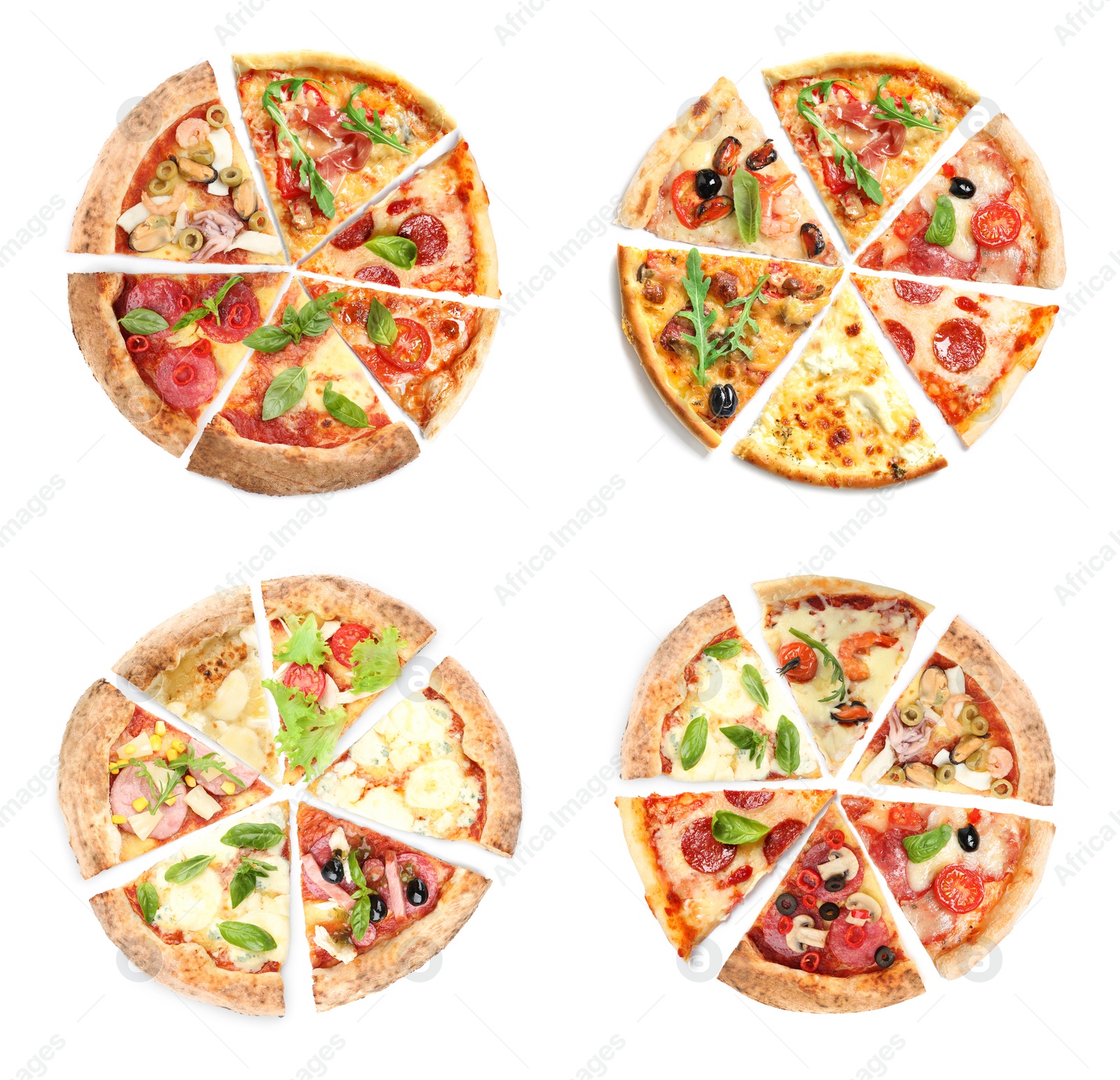 Image of Set with slices of different tasty pizzas on white background, top view