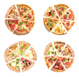 Image of Set with slices of different tasty pizzas on white background, top view