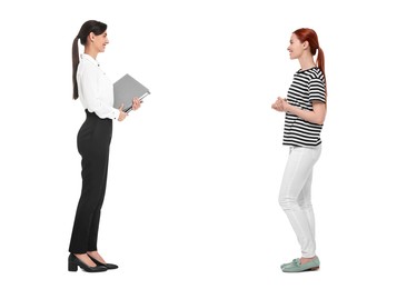 Image of Dialogue. Two women talking on white background