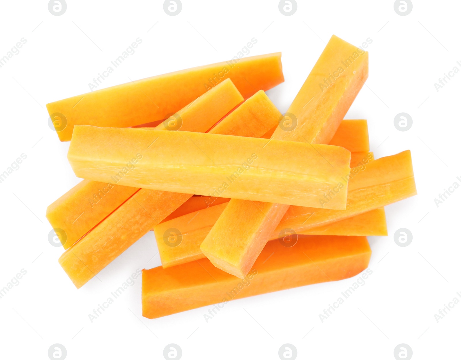 Photo of Pieces of fresh ripe carrot isolated on white, top view