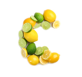 Photo of Letter C made with citrus fruits on white background as vitamin representation, top view