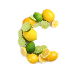 Letter C made with citrus fruits on white background as vitamin representation, top view