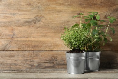 Different aromatic potted herbs on wooden table. Space for text