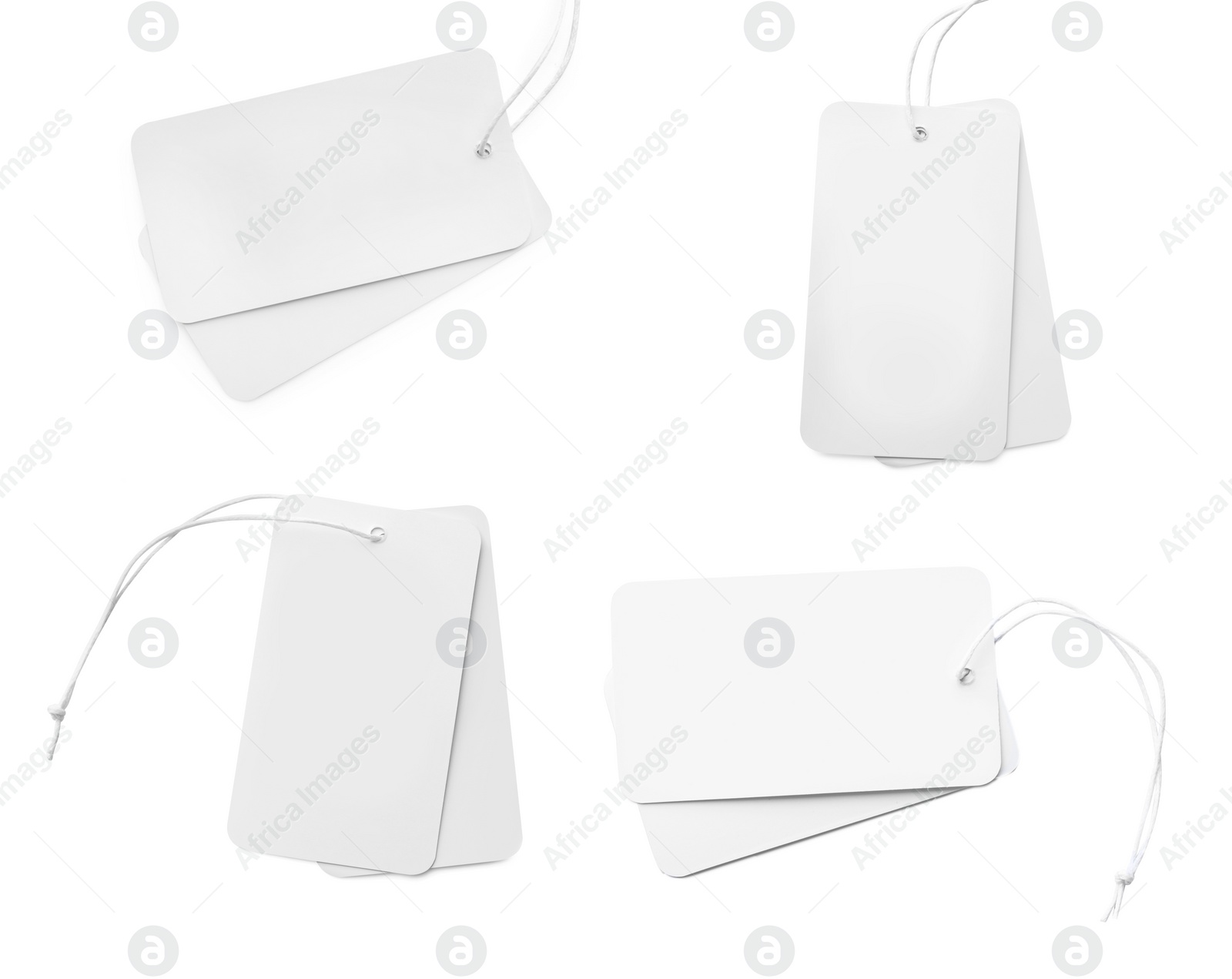 Image of Set with cardboard tags on white background, top view. Space for text