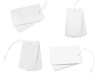 Image of Set with cardboard tags on white background, top view. Space for text