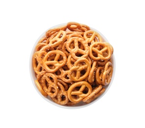 Photo of Delicious pretzel crackers in bowl isolated on white, top view