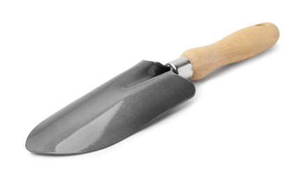 Photo of One trowel isolated on white. Gardening tool