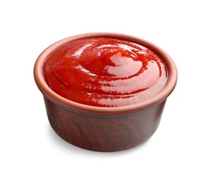 Photo of Tasty ketchup in bowl isolated on white. Tomato sauce