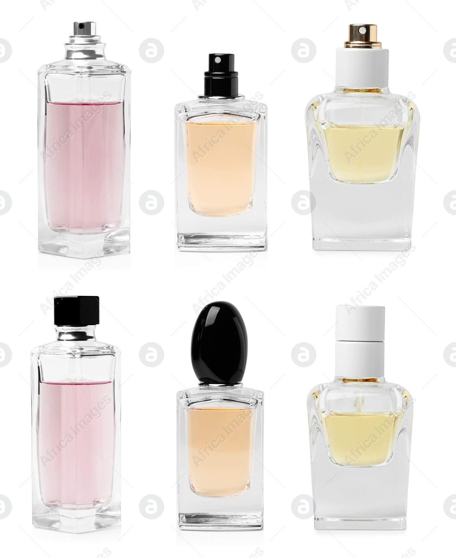 Image of Set with different bottles of perfume on white background