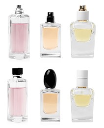 Image of Set with different bottles of perfume on white background