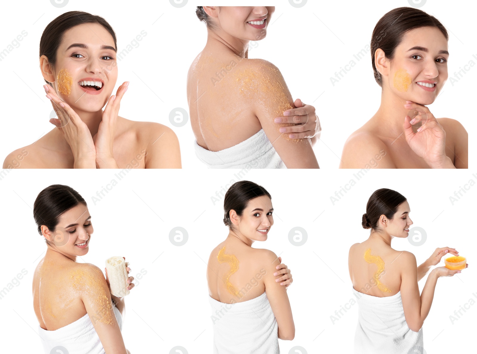 Image of Collage with photos of young woman applying body scrubs on white background